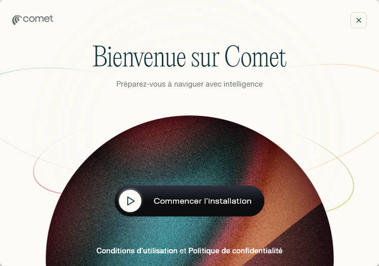 Écran de bienvenue Comet