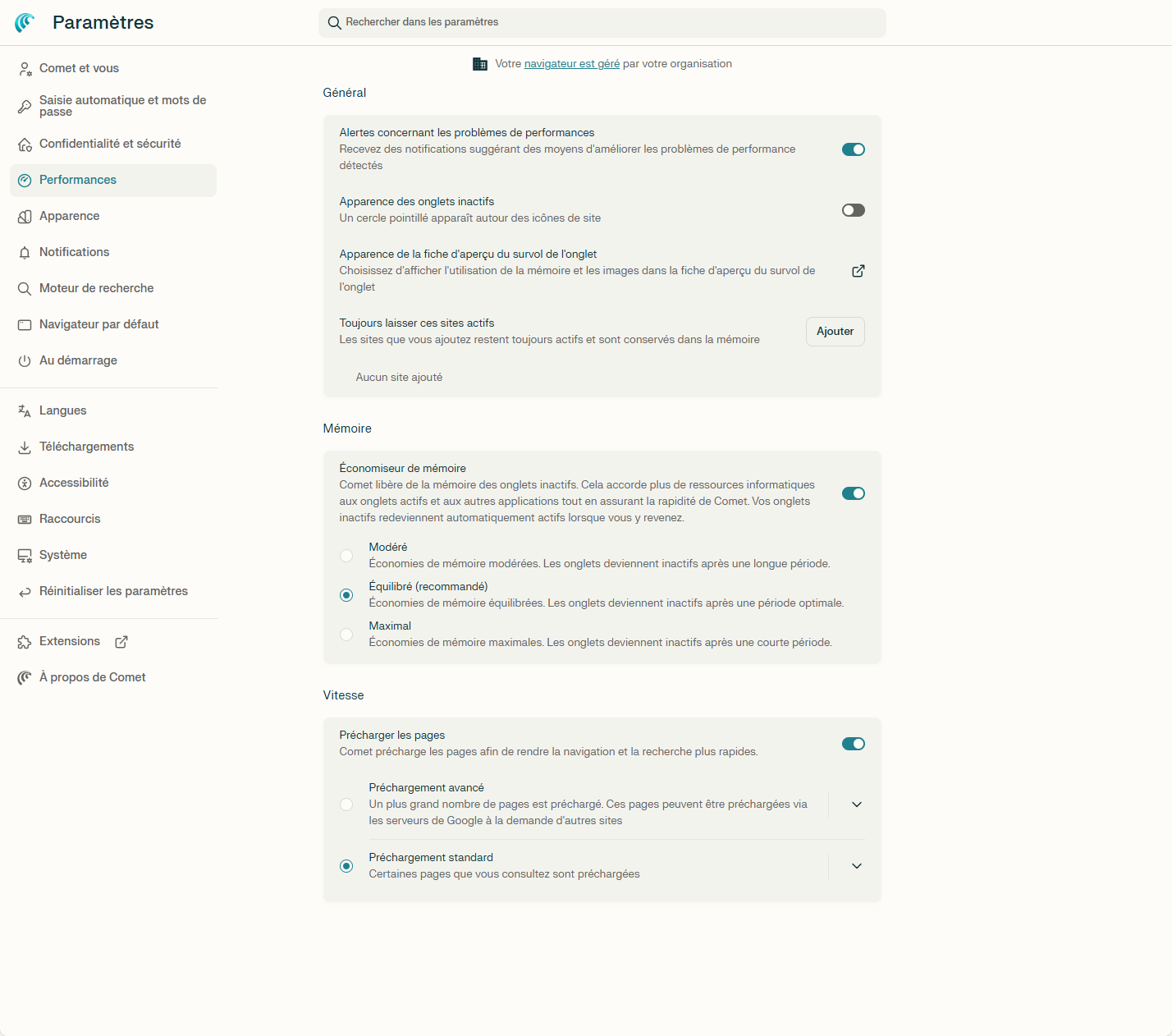 Paramètres de performances de Comet